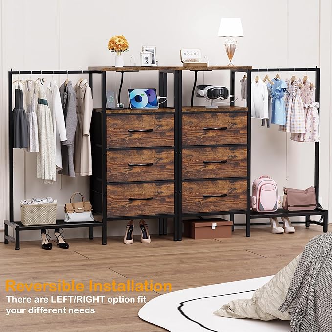 Dresser for Bedroom with Hanging Rack, 3 Drawers Closet with Charging Station, Faric Chest of Drawers with Clothes Rack, Storage Organzier for Hallway Entryway, Brown