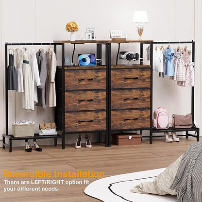 Dresser for Bedroom with Hanging Rack, 3 Drawers Closet with Charging Station, Faric Chest of Drawers with Clothes Rack, Storage Organzier for Hallway Entryway, Brown