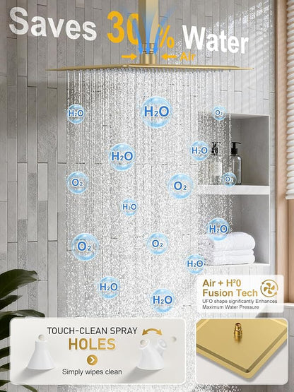 Shower Faucet Set, 10" Ceiling Mount Rainfall Shower System with 2 Rain Shower Head and Multi-function Handheld Head Push Button Diverter Shower Faucet Trim Kit Brushed Gold