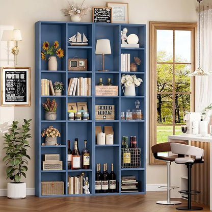 FOTOSOK 71'' Tall Bookshelf with 14 Cubes, 7 Tier Double Wide Bookshelf with 6 Adjustable Shelves, 19.6" Narrow Bookcase DVD/CD Media Storage Shelf, Space Saving Display Shelf Cabinet, Blue
