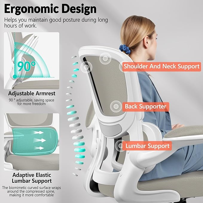 Office Chair Ergonomic Desk Chair, Breathable Mesh Comfy Chair with Lumbar Support, Home Desk Chair with Flip-up Armrests, Gaming Chair for Adults Home Office (LightGray,4Pack)