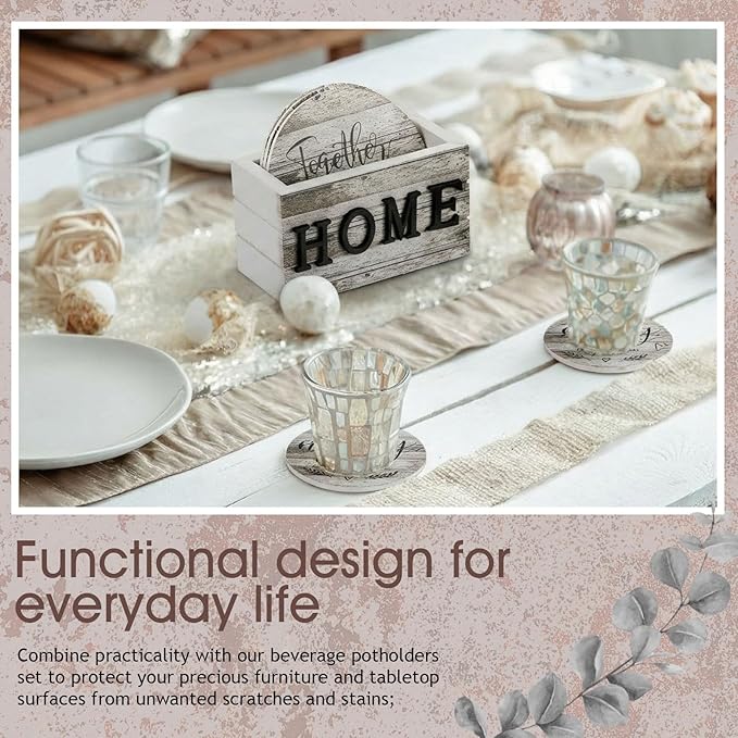 Queekay Coasters Set of 6 House Warming Gifts New Home Wooden Farmhouse Drink Coasters with Holder 4'' Funny Decoration for Kitchen Family Coffee Bar Tabletop Protection(Wood Color)