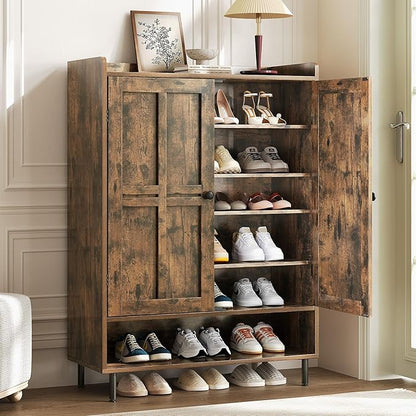 Brown 7+1 Tier Farmhouse Shoe Storage Cabinet - 45" Tall Entryway Organizer with Cross Molding Doors, 3 Adjustable Shelves & Metal Legs, Shoe Rack for Front Door Entrance