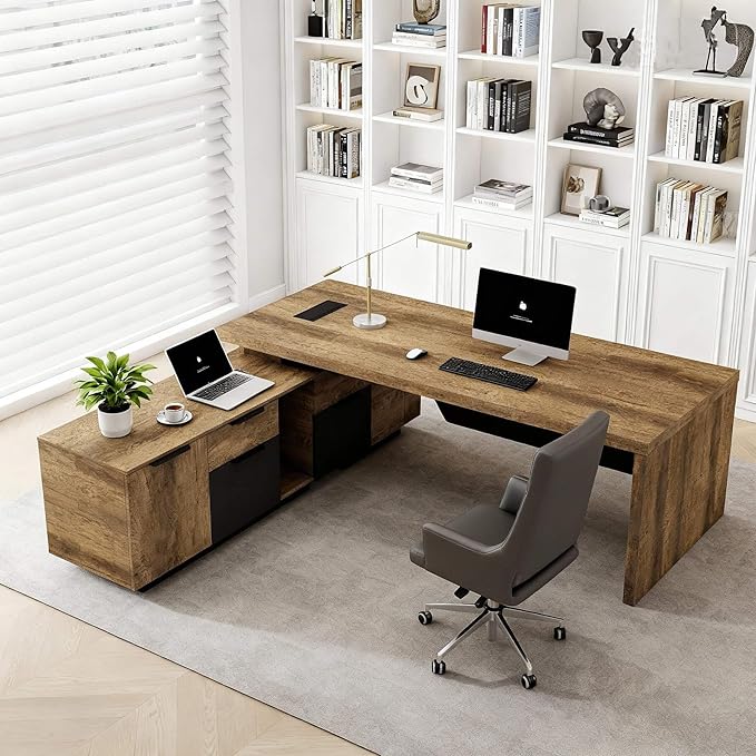 SAINTCY L-Shaped Executive Desk, Retractable Office Desk with Drawers, Large Wood Computer Desks for Boss, Bussiness Owners, Manangers and Supervisors, Adjustable Width (Left Return, 86.6" to 94.5")
