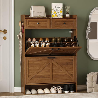 Shoe Storage Cabinet for Entryway, Farmhouse Narrow Shoe Cabinet with 2 Flip Drawers & Top Drawers, Adjustable Shelves & Hooks, Freestanding Hidden Rack Organizer for Hallway, Foyer