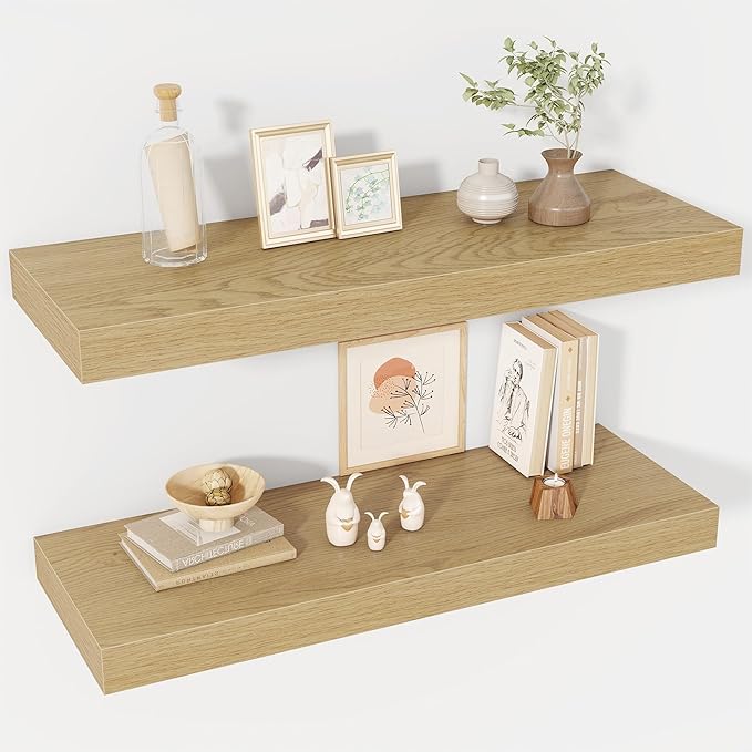 Acovy 30 Inch Floating Shelves, 12" Deep Floating Shelf Wall Mounted, 30" Wall Shelves, Rustic Deep Bookshelf, Extra Deeper & Thicker Display Shelves for Bedroom, Living Room, Oak, Set of 2