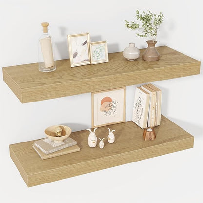 Acovy 30 Inch Floating Shelves, 12" Deep Floating Shelf Wall Mounted, 30" Wall Shelves, Rustic Deep Bookshelf, Extra Deeper & Thicker Display Shelves for Bedroom, Living Room, Oak, Set of 2