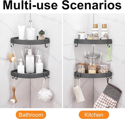 DUFU Adhesive Corner Shower Caddy with Hooks,Bathroom Shower Organizer, No Drilling Rust Proof Aluminum Shower Shelf for Inside Shower 2 Pack (Grey)