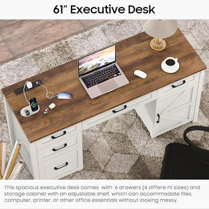 Farmhouse 61'' Executive Desk with 5 Drawers, Rustic Office Desk Computer Desk with Charging Station, File Drawers and Storage Cabinet, Wood Workstation for Home Office and Study, Unique White