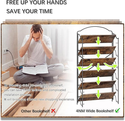 4NM No Assembly Extra Wide Folding Bookshelf for Living Room, 6 Tiers Collapsible Book Shelves Open Industrial Foldable Bookcase Storage Shelf for Home Office - Rustic Brown Black