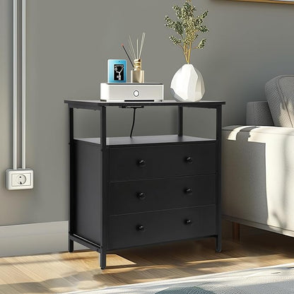 3 Wooden Drawers Nightstand, 27 Inch Wide Night Stand Set 2 with Charging Station and Adjustable Drawers, Small Dresser for Closet, Bedside Table for Living Room/Bedroom/Office, Black.
