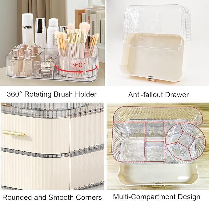 DASITON Makeup Organizer with Drawers and Rotating Makeup Brush Holder,Large Capacity Stackable Cosmetic Organizer Countertop,Bathroom Organizers and Storage,Make up Organizers for Vanity (Clear 02)