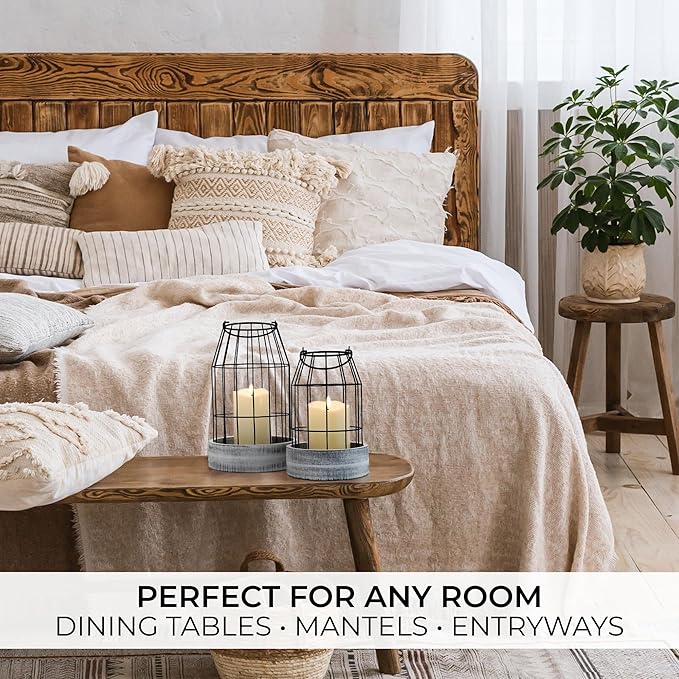 Rustic Farmhouse Lantern Decor Set of 2 - Stylish Decorative Lanterns for Your Living Room, Fireplace Mantle or Kitchen Dining Table - Modern Indoor/Outdoor Coffee Table Decor for Your Entire Home