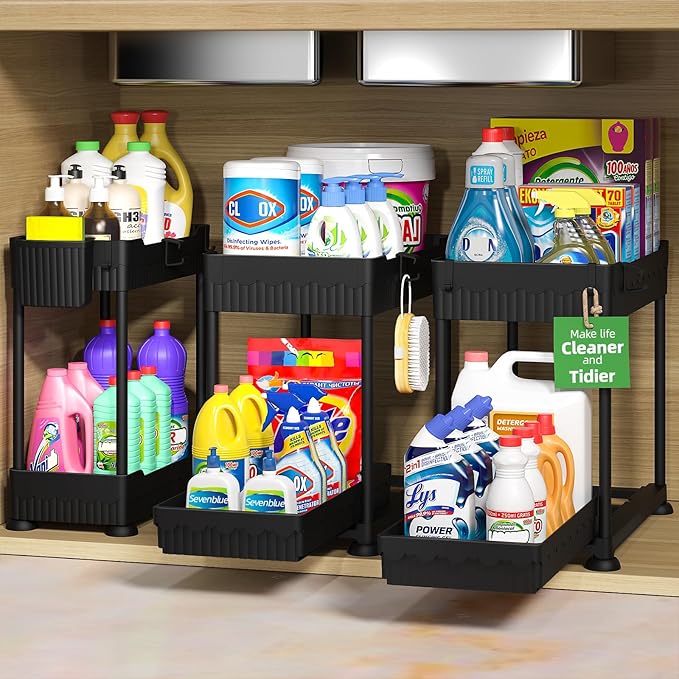 Sevenblue 3 Pack Under Sink Organizers,2-Tier Multi-Use Kitchen and Bathroom Organizers and Storage with Sliding Drawers,Bathroom Cabinet Organizer (Black,12.8 Inch)