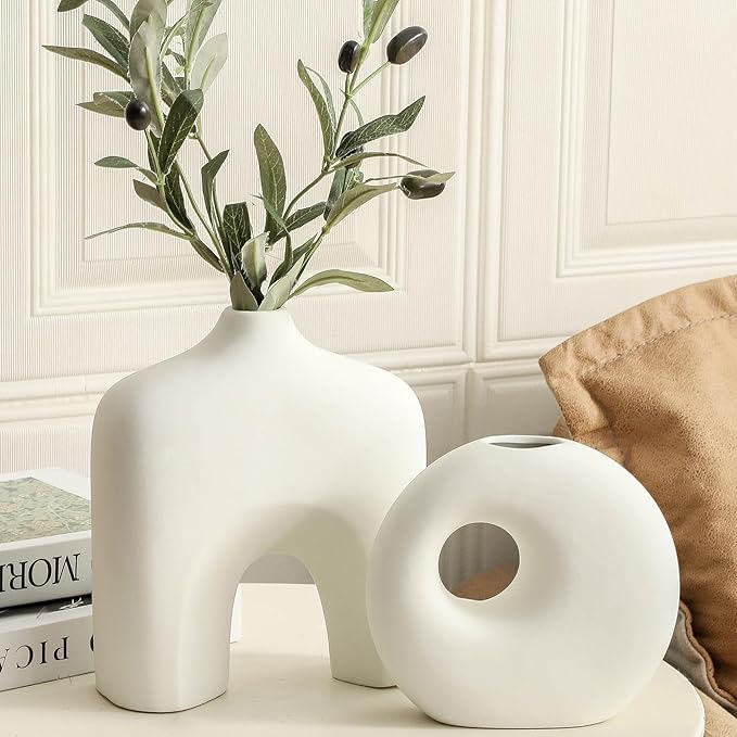 Dobbyby Ceramic Vase Set of 2, Modern Donut Vases for Minimalist Nordic Home Decor, Waterproof Round Vase, Decorative Centerpiece Vases for Living Room, Entryway, Table Decor (02-Matte Cream)