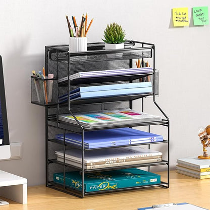 7 Tier Desk File Organizer,Metal Document Holder with Adjustable Shelves, Pull-Out Drawer & Removable Pen Holder for Office Organization,Black