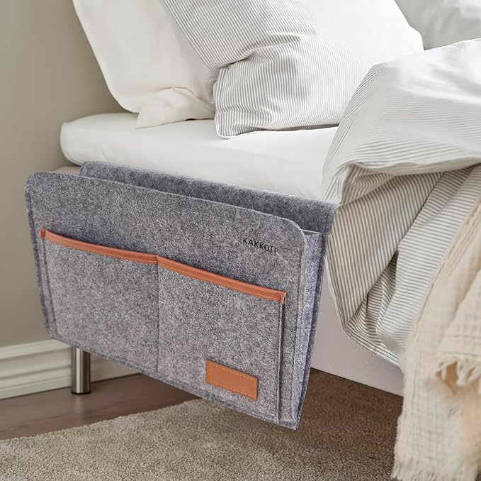 Bedside Caddy, Sofa Caddy, Storage Organizer Pocket for Dorm, Bedroom, 5 Pockets Felt Organizer for Magazine, Remote, Phone, Tablet, Pad, Glasses, Pen, Remote Control (Grey-Short)