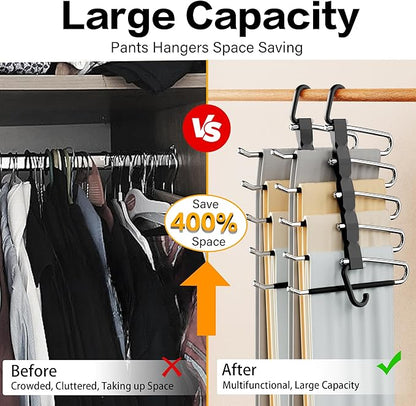 Pants Hangers Space Saving - 4 PCS Closet Organizer and Storage Jean Hangers, Stainless Steel Anti-Slip Clothes Hanger Scarf Holder Pants for Jeans Leggings Trousers Rack for Back to School, Black
