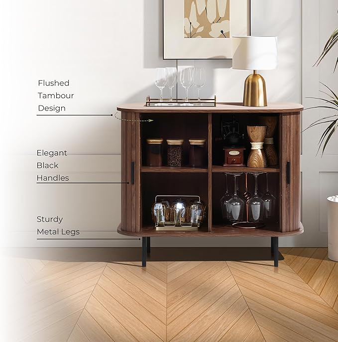 LuxenHome Sideboard Buffet Cabinet with Storage, 35" Walnut Mid Century Modern Accent Cabinet, Sliding Door Entryway Small Storage Cabinets for Kitchen, Living Room, Entryway