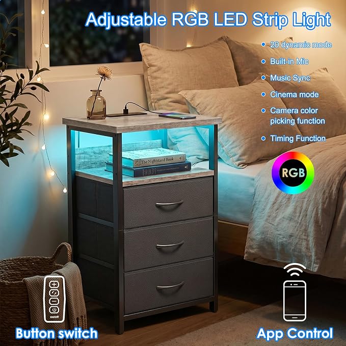 Fixwal Night Stand with Charging Station, LED Nightstand with Fabric Drawers, End Table with PU Finish, Bed Side Table, French Oak