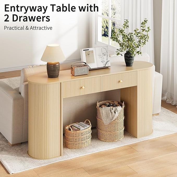 59" Fluted Console Table with 2 Drawers - Wood Entryway Table with Storage, Long Modern Sofa Tables Behind Couch with Curved Leg for Living Room, Entry, Hallway, Entrance, Foyer, Natural