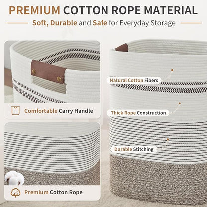 AINUOQI Laundry Hamper - Tall Woven Rope Laundry Basket - Clothes hamper with Leather Handles, 17" X 13.8" X 22", Blanket Storage Basket for Living Room, Rice Brown & White