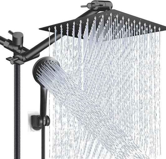Shower Head Combo,10 Inch High Pressure Rain Shower Head with 11 Inch Adjustable Extension Arm and 5 Settings Handheld Powerful Shower Spray Against Low Pressure Water - Matte Black