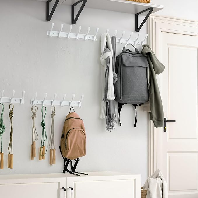 SKOLOO Heavy Duty Wall Mounted Coat Rack - 6 Hooks, Stainless Steel, Pack of 2, Sturdy Coat Hooks for Hanging Clothes, Jacket, Hat, White