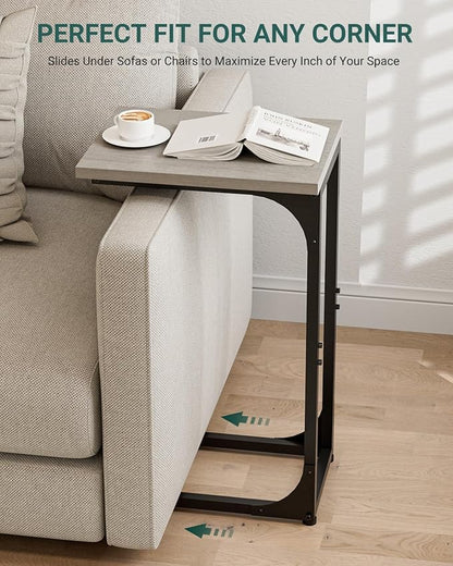 C-Shaped Side Table for Couch - Small Coffee Stand Sofa Tray Desk with Metal Frame and Waterproof Scratch Resistant, Modern End Accent for Living Room, Bedroom, Set of 2, Greige