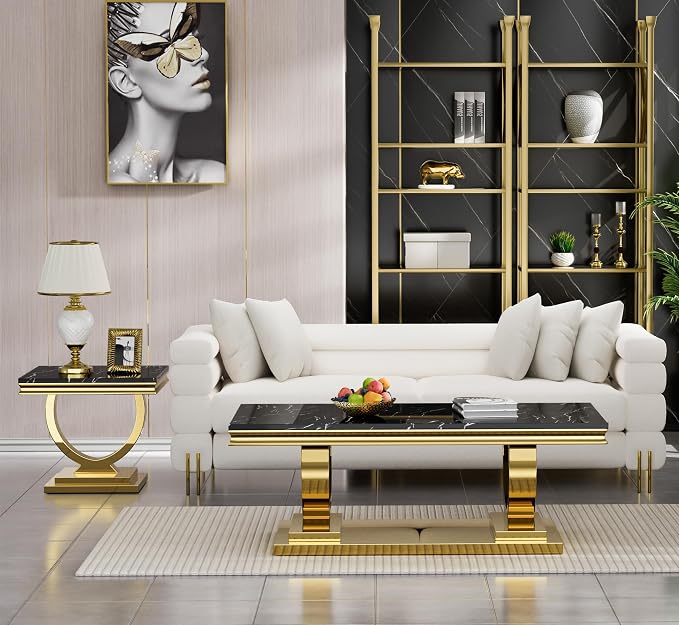 2 Piece Living Room Table Set Include 1 Faux Marble Coffee Table & 1 End Table, Modern Black Gold Coffee Table Set of 2 with Double O Shape Stainless Steel Pedestal Base