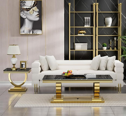 2 Piece Living Room Table Set Include 1 Faux Marble Coffee Table & 1 End Table, Modern Black Gold Coffee Table Set of 2 with Double O Shape Stainless Steel Pedestal Base
