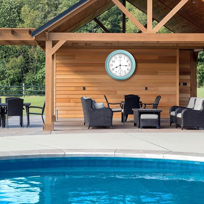 12 Inch Outdoor Clock Waterproof with Thermometer,Vintage Indoor Outdoor Wall Clocks for Patio, Pool, Garden, Bathroom Wall Decor - Teal