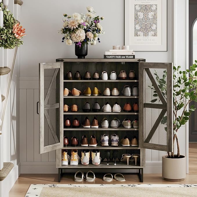 Maupvit 42.1" Farmhouse Shoe Cabinet with Ventilated Mesh Doors, 6-Tier Shoe Storage Cabinet with Adjustable Shelves & Metal Legs, Rustic Wooden Shoe Rack Organizer for Entryway, Hallway, Foyer, Grey