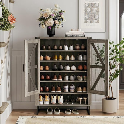 Maupvit 42.1" Farmhouse Shoe Cabinet with Ventilated Mesh Doors, 6-Tier Shoe Storage Cabinet with Adjustable Shelves & Metal Legs, Rustic Wooden Shoe Rack Organizer for Entryway, Hallway, Foyer, Grey