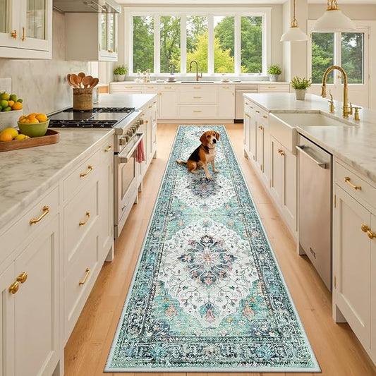 RELEANY Area Rugs Runner 2'x10' Washable Non-Slip, Floral Vintage Distress Medallion Carpet for Kitchen Hallway Bedroom Beside Laundry Room Bathroom, Green Navy Blue White Red Teal