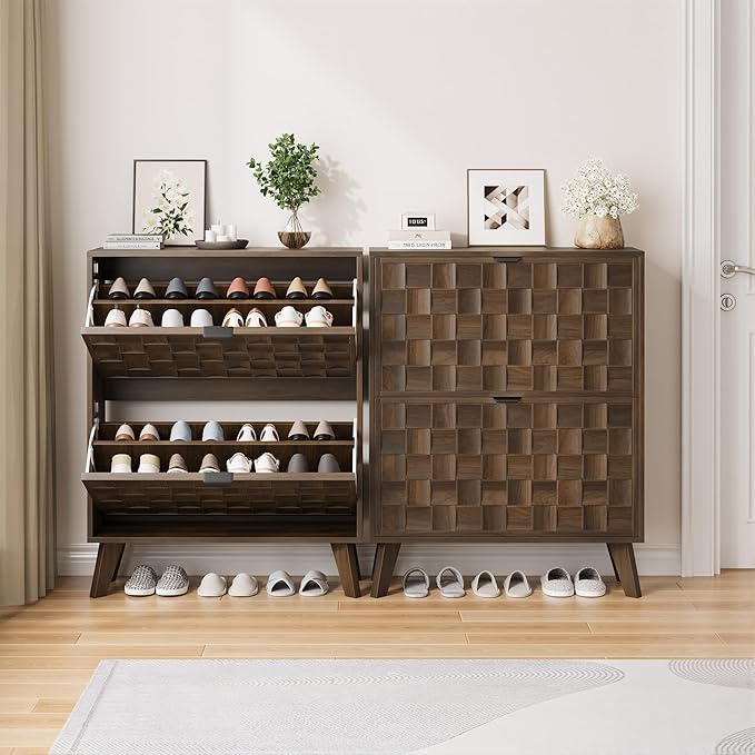 Smuxee Walnut Shoe Cabinet with 2 Flip Drawers, 29.6" Hidden Shoe Storage Cabinet with Embossed Checkerboard Doors, Freestanding Shoe Organizer Cabinet for Entryway, Hallway, Living Room