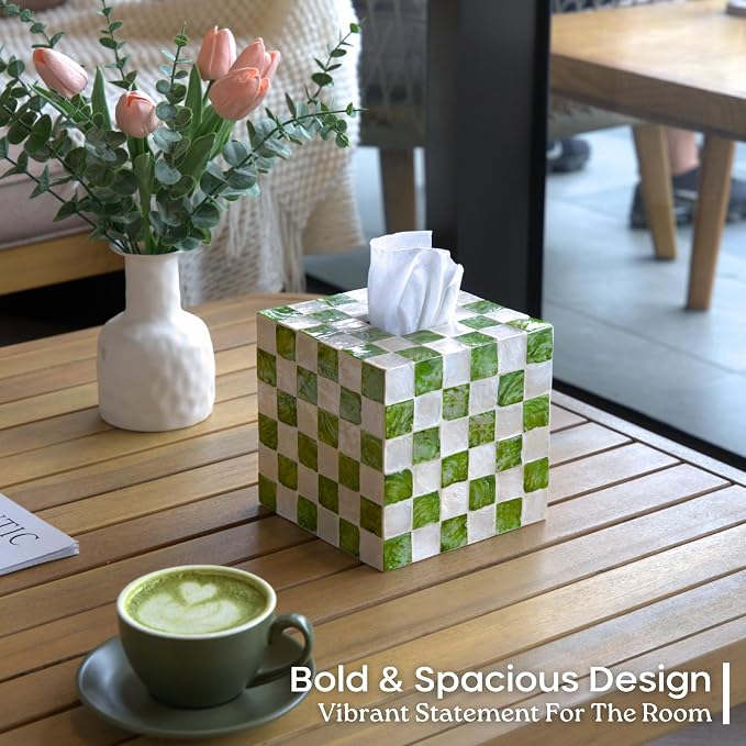 CHI AN HOME 5.5" Square Tissue Box Cover, Handmade Checkered Cube Tissue Box Cover with Capiz Shells, Decorative Tissue Holder for Living Room, Bathroom, Bedroom or Office (Pistachio Green)