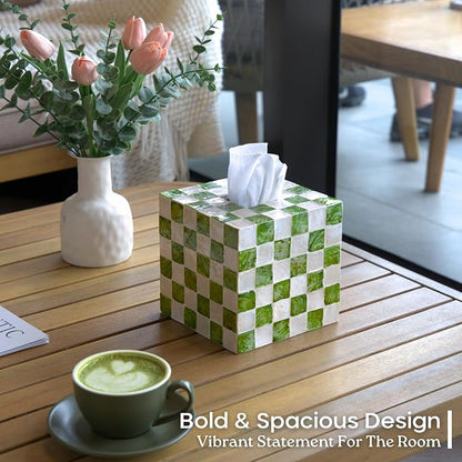 CHI AN HOME 5.5" Square Tissue Box Cover, Handmade Checkered Cube Tissue Box Cover with Capiz Shells, Decorative Tissue Holder for Living Room, Bathroom, Bedroom or Office (Pistachio Green)