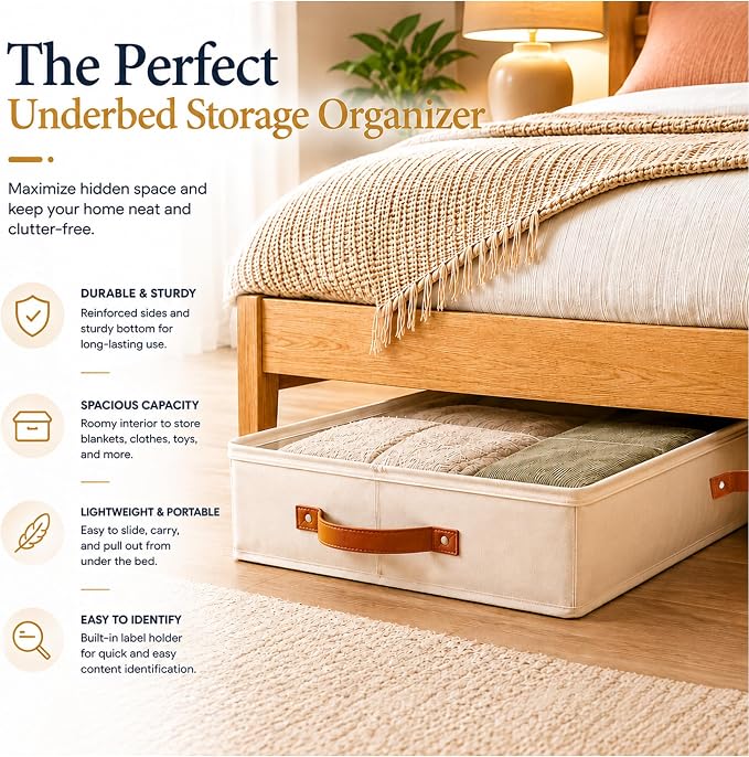 HOMELUX THEORY 2pc Under Bed Storage Containers, Bedroom Under the Bed Drawer Storage Organizer with Bins and Lids, Medium Underbed Clothes Storage Box Ideal for Blanket, Fabric, & Shoes (Ivory)