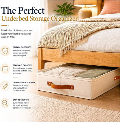 HOMELUX THEORY 2pc Under Bed Storage Containers, Bedroom Under the Bed Drawer Storage Organizer with Bins and Lids, Large Underbed Clothes Storage Box Ideal for Blanket, Fabric, & Shoes (Ivory)