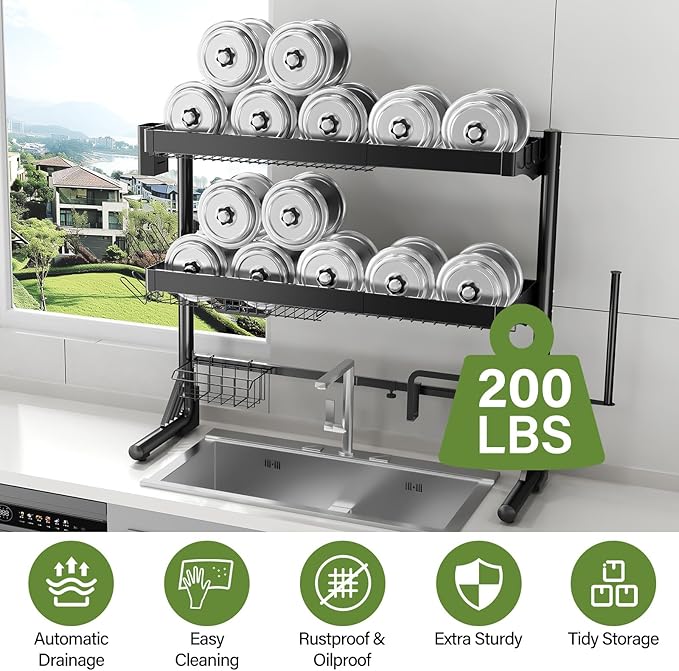 Over Sink Dish Drying Rack, 3-Tier Full Stainless Steel Drainer Dish Rack Adjustable 20.9''-37.4'', Expandable Multifunctional Kitchen Organizer