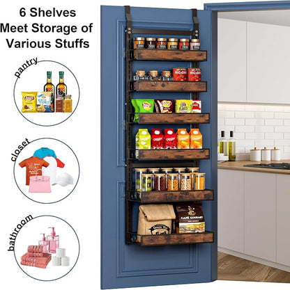 6 Tier Over The Door Pantry Orangizer 2 IN 1 Wall Mounted or Hanging Spice Rack with Adjustable Wood Basket,Heavy Duty Seasoning Storage Shelf for Kitchen Pantry and Bathroom