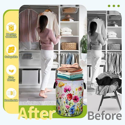 Colorful Flowers Laundry Basket Boho Floral Print Foldable Waterproof Oxford Cloth Funny Tote Bag Laundry Hamper Clothes Storage Bucket Toy Organizer For Bathroom/Laundry Storage/Bedroom 18.9x16.5 In