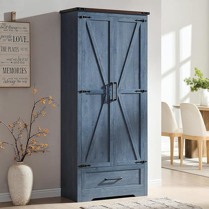JXQTLINGMU Farmhouse Kitchen Pantry Cabinet - 72" Tall Wood Kitchen Storage Cabinets with Adjustable Shelves & 2 Barn Doors & Drawer, Versatile Storage for Dining Room, Bathroom, Rustic Blue