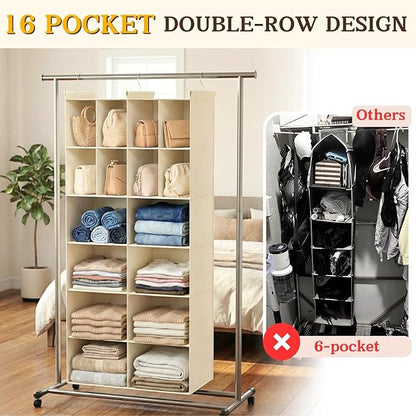 Ofiray-home 6 Tier Hanging Closet Organizer, 16 Compartments Sweater Organizer for Closet with 3 Sturdy Hooks, Closet Organizers and Storage, Wardrobe, Rv, Garment Rack, Beige