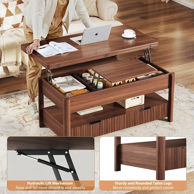 HUAHUU 40" Lift Top Coffee Table, 4 in 1 Square Coffee Table with Storage Shelf & 2 Drawers, Modern Coffee Tables with Lift Tabletop, Converts to Dining Table for Living Room, Home Office, Walnut