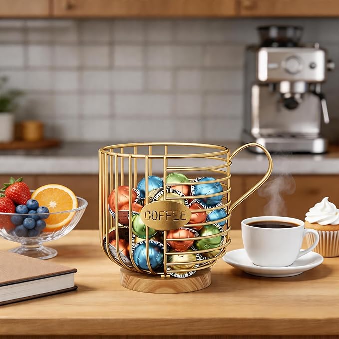 Coffee Pod Holder, 45+ Large Capacity Wire K Cup Storage Organizer with Solid Wood Base, Anti-Slip Coffee Capsule Holder for Kitchen Bar Counter, Compatible with K-Cups/Nespresso Espresso Capsules