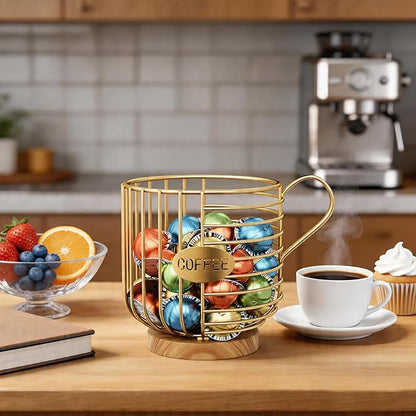 Coffee Pod Holder, 45+ Large Capacity Wire K Cup Storage Organizer with Solid Wood Base, Anti-Slip Coffee Capsule Holder for Kitchen Bar Counter, Compatible with K-Cups/Nespresso Espresso Capsules