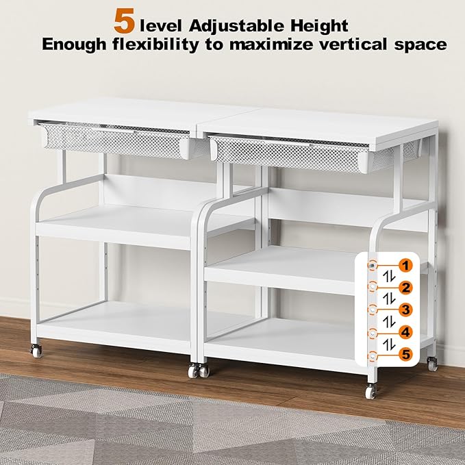 EasyCom 23.6''x18.9'' Extra Large Printer Stand with Drawer, 5-Adjustable Heights 3 Tier Table with Wheels, Rolling Printer Cart with Storage for Printer Scanner Fax Home Office Use