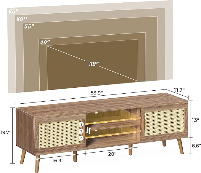 SUPERJARE Boho TV Stand for 65 Inch TV, Entertainment Center with Adjustable Shelf, Rattan TV Console with 2 Cabinets, Media Console, Solid Wood Feet, 4 Cord Holes, for Living Room, Walnut